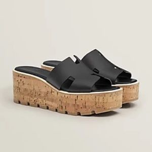 Hermes Eze wedge cork sandal black leather 39